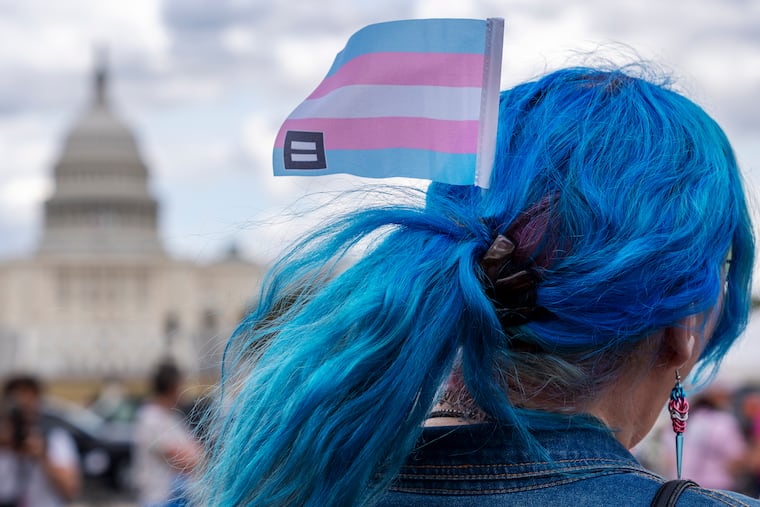 With the U.S. Capitol in the background, a demonstrator wears a trans equality flag in her hair while attending a rally for Trans Day of Visibility on the National Mall in Washington in March.