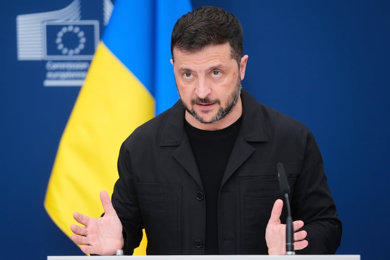 Ukraine's President Volodymyr Zelenskyy speaks during a media conference at E.U. headquarters in Brussels, Belgium, on Sunday, Aug. 17, 2025.