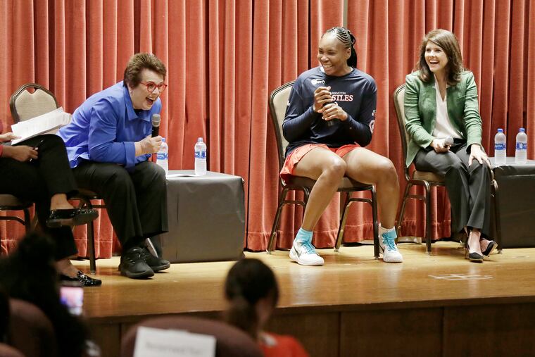 Billie Jean King (left), Venus Williams and Valerie Camillo during the Conversation with Billie Jean King and Friiends event at St. Joseph’s University in Phila., Pa. on July 26, 2019.