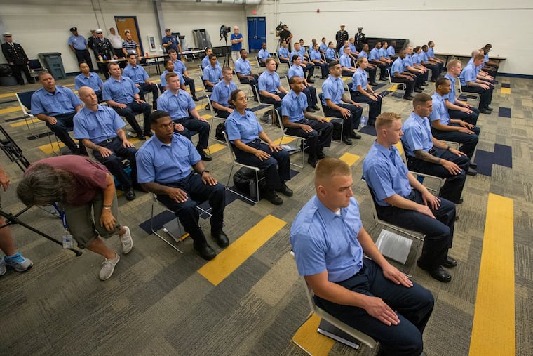 Recruits seated while being addressed by Commissioner Danielle Outlaw. Commissioner Outlaw (not shown) spoke to Class 395 at the Philadelphia Police Academy Training Center, Woodhaven Road in Northeast Philadelphia on Monday, July 12, 2021.