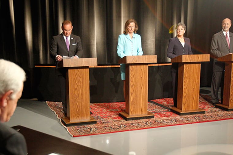 Action News anchor, WPVI-TV, Jim Gardner and gubernatorial candidates, (from left) Rob McCord, Katie McGinty, Allyson Schwartz and Tom Wolf prepare for the debate. ( AKIRA SUWA / Staff Photographer )