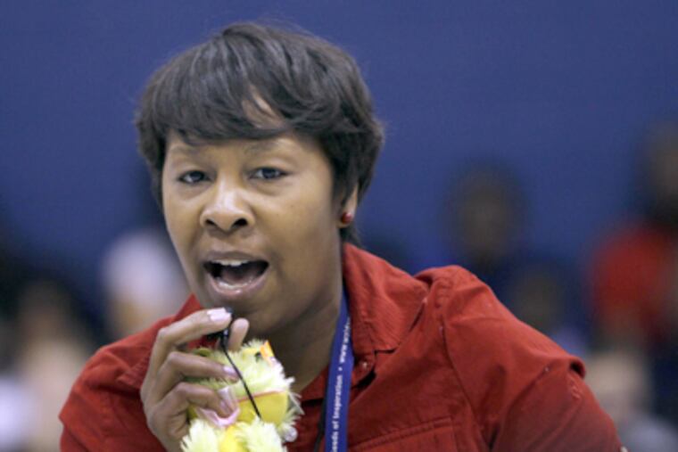 Principal Asia Ali-Hawkins leads a rally at Sharon Hill School in Delaware County. (Laurence Kesterson / Staff Photographer)