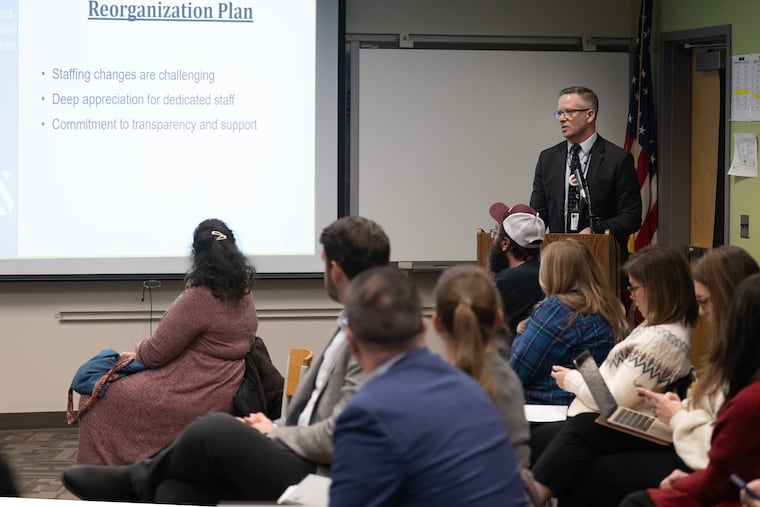 Wallingford-Swarthmore School District Superintendent Russell D. Johnston discusses plans to cut positions during a school board meeting Tuesday.