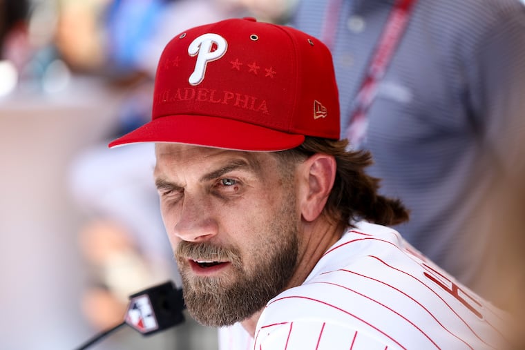 Phillies star Bryce Harper talks during All-Star media day on Monday at Citizens Bank Park.