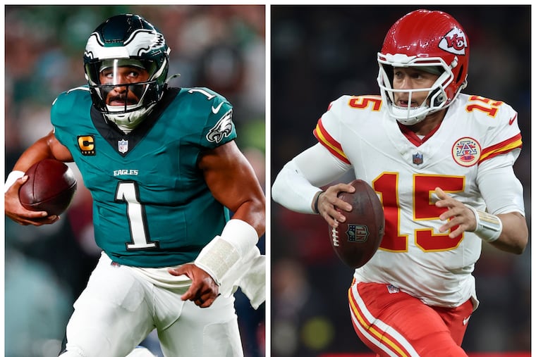 Quarterbacks Jalen Hurts, left, of the Eagles and Patrick Mahomes of the Chiefs will face off again on Sunday in Kansas City.