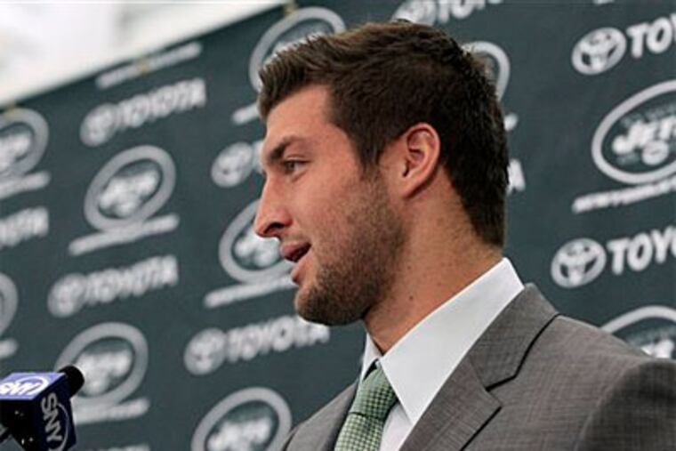 Tim Tebow addressed the New York media on Monday afternoon. (AP Photo / Mel Evans)