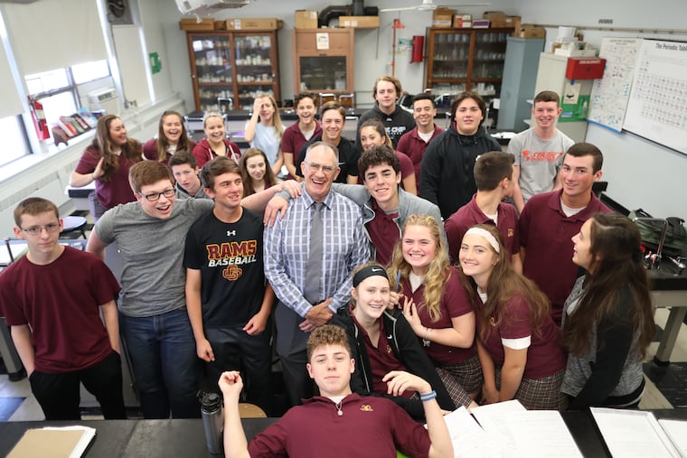 With his sophomore chemistry class, Bob Nark, Jason Nark's father retires from his alma mater, Gloucester Catholic, after 48 years as a chemistry teacher, Friday June 8, 2018. DAVID SWANSON / Staff Photographer