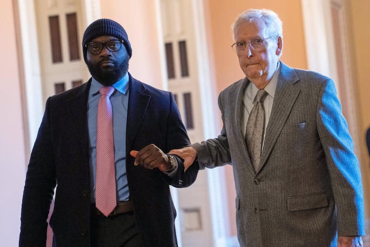 Sen. Mitch McConnell (R-Ky.), walks through the Capitol, Jan. 15, 2026, in Washington. McConnell has been absent from the Senate for almost six weeks, with little information released about his health.