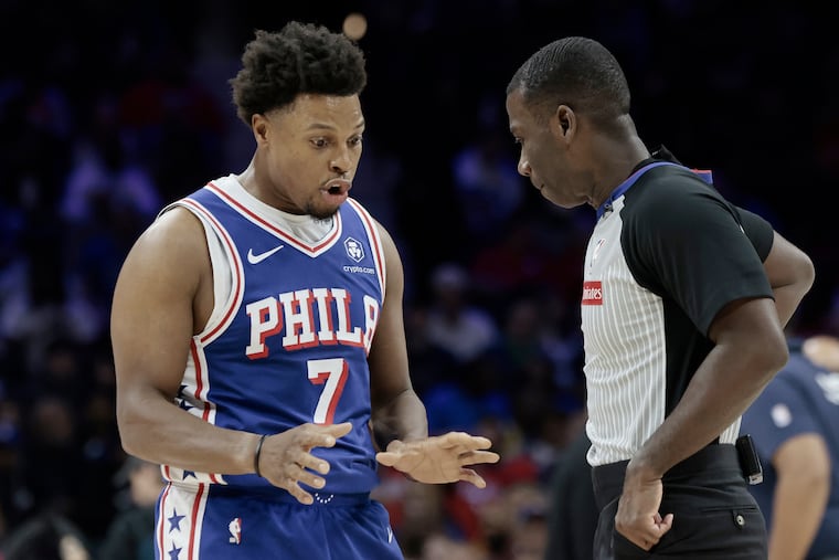 Sixers guard Kyle Lowry appeals to an official during the game against the Detroit Pistons on Oct. 30.