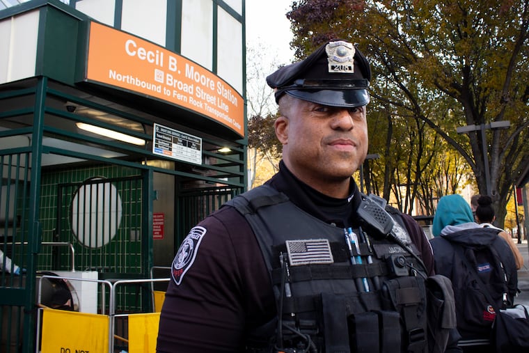 SEPTA Transit Police Officer Craig Jacklyn stands for a portrait outside of Cecil B. Moore Station in 2017.