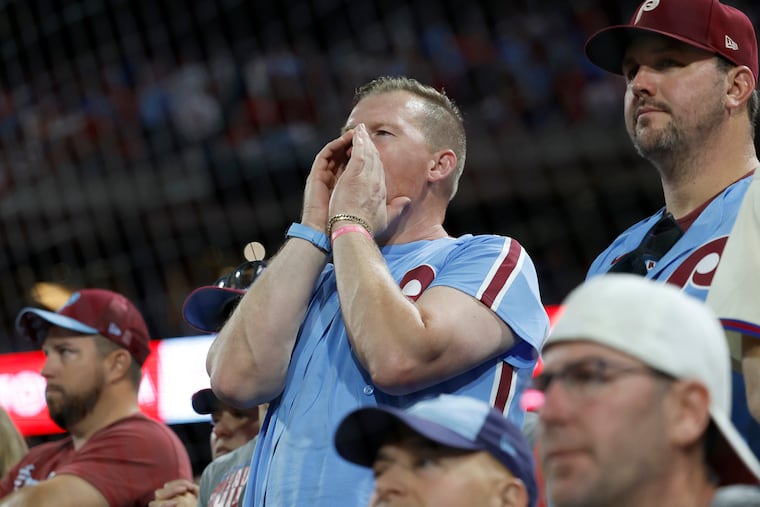 A Phillies fan boos after the eighth inning against the Los Angeles Dodgers in Game 2 of the 2025 NLDS at Citizens Bank Park.