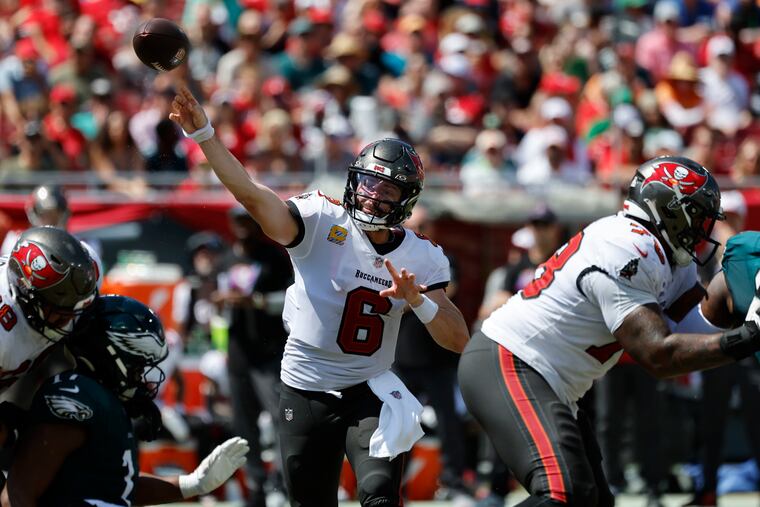 Tampa Bay Buccaneers quarterback Baker Mayfield throws the ball against the Eagles during last year's 33-16 Bucs' win.