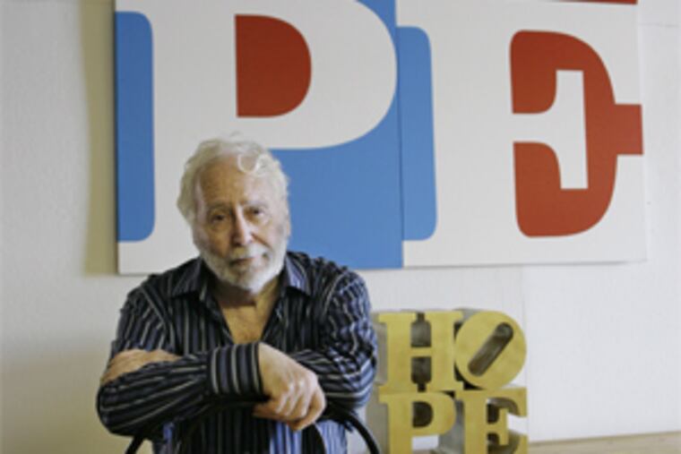 Artist Robert Indiana in his Maine studio in August 2008, with his “HOPE” design, used for raising money for the presidential run of Barack Obama. HOPE echoes Indiana's famous LOVE design.