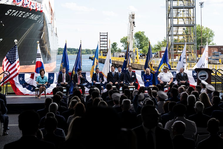 South Korean President Lee Jae Myung gathers with city and government officials, including Gov. Josh Shapiro, at the Hanwha Philly Shipyard during a ship christening ceremony in August.