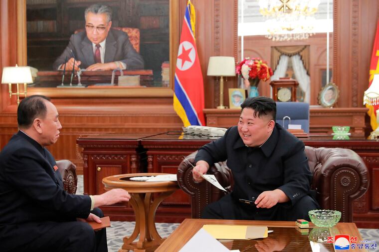 With their second summit fast approaching, speculation is growing that U.S. President Donald Trump may try to persuade the North leader Kim Jong Un, right, to commit to denuclearization by giving him something he wants more than almost anything else, an announcement of peace and an end to the Korean War. Independent journalists were not given access to cover the event depicted in this image distributed by the North Korean government. Korean language watermark on image as provided by source reads: "KCNA" which is the abbreviation for Korean Central News Agency. (Korean Central News Agency/Korea News Service via AP, File)