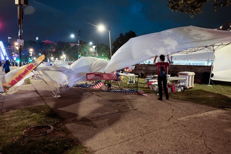 Tents start to come apart due to the wind after the One Philly: Unity Concert for America was evacuated on the Benjamin Franklin Parkway Saturday, July 4, 2026, in Philadelphia.