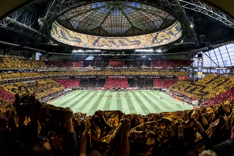 Atlanta United fans showed off a stadium-wide tifo display before their home game in the MLS Cup Playoffs Eastern Conference final series against the New York Red Bulls, at a full-to-capacity Mercedes-Benz Stadium.