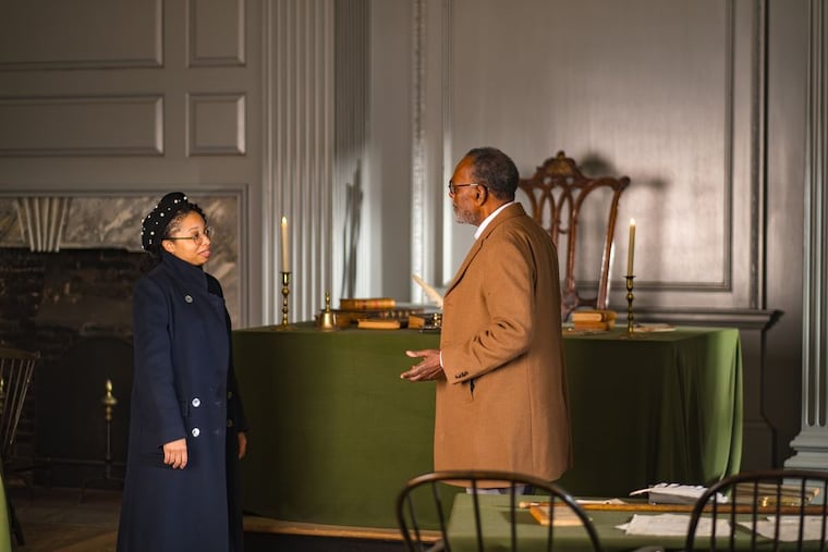 Oliver St. Clair Franklin interviews historian Dr. Kelli Racine Barnes at Independence Hall for his new documentary: "Becoming American: Philadelephia's Story."
