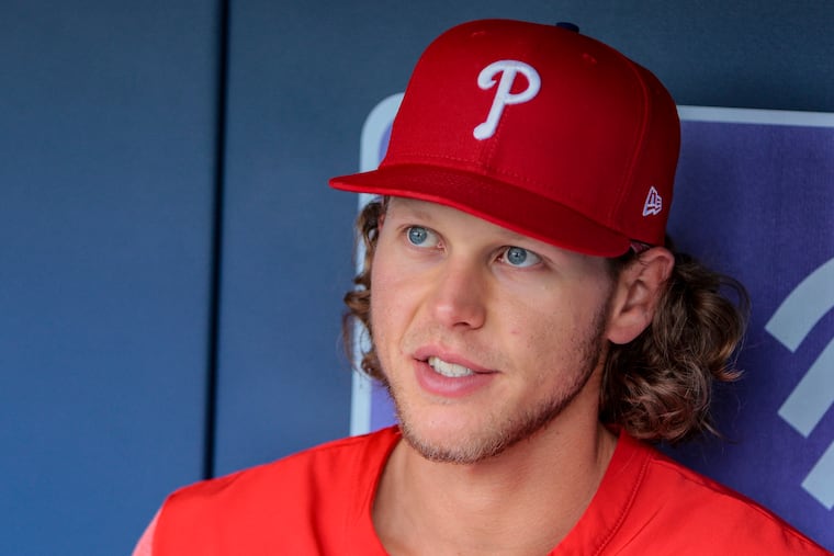Alec Bohm talks to a reporter before his game with the Marlins on Tuesday at Citizens Bank Park.