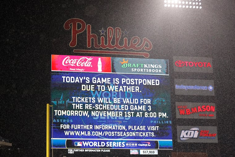 The announcement postponing the Phillies and Houston Astros game three of the World Series due to the rain on Halloween.