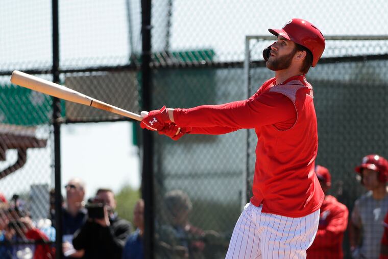 Bryce Harper got 12 plate appearances in a simulated game against minor-league pitchers Thursday at the Carpenter Complex.