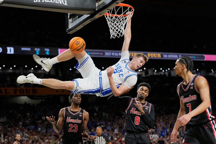 Duke's Cooper Flagg looks back after a dunk against Houston during the NCAA Tournament.