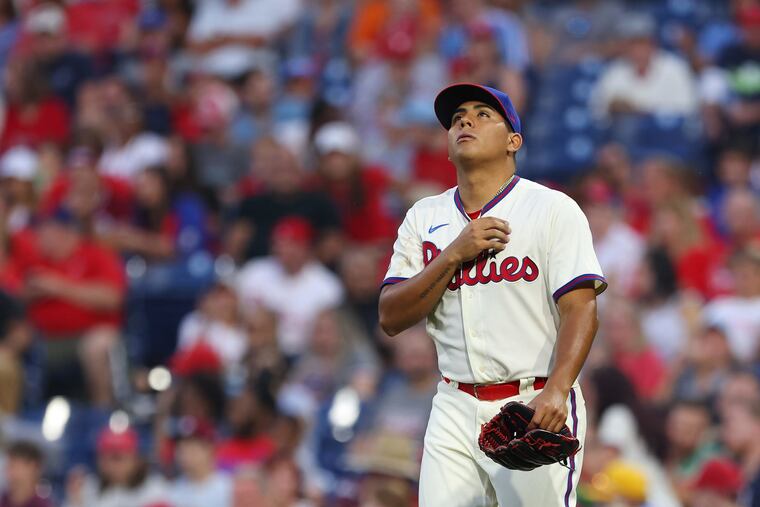 The Phillies' Ranger Suarez gestures as he walks out to pitch the ninth inning against the Pittsburgh Pirates at Citizens Bank Park on September 25, 2021. Suarez pitched a shutout as the Phillies defeated the Pirates, 3-0.