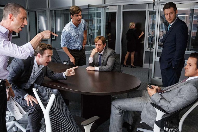 Left to right: Jeremy Strong plays Vinnie Daniel, Rafe Spall plays Danny Moses, Hamish Linklater plays Porter Collins, Steve Carell plays Mark Baum, Jeffry Griffin plays Chris and Ryan Gosling plays Jared Vennett in "The Big Short." (Photo credit: Jaap Buitendijk / Paramount Pictures)