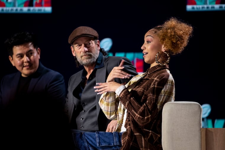 Sign Language Interpreter Justina Miles (right) speaks during the Super Bowl LVII pregame and halftime show press conference at the Super Bowl Media Center in Phoenix on Thursday.