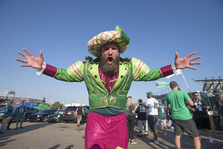Brennen Dickerson does his best Jason Kelce imitation while tailgating at Lincoln Financial Field Sept. 6.