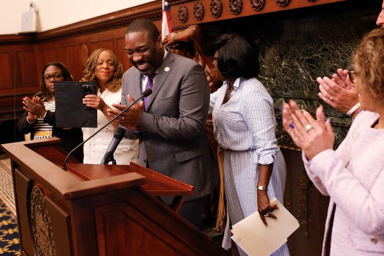Mayor Cherelle L. Parker and City Council President Kenyatta Johnson hold a news conference hours after the mayor’s budget passed in City Council early Thursday morning.