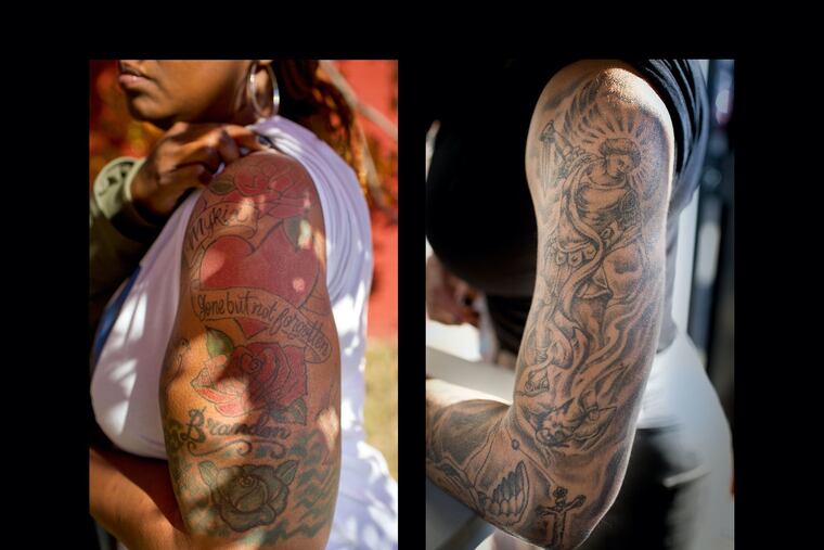 Photos of Mykia Capers (left) and Samantha DiNubile, and the tattoos they wear in honor of their slain sons, will be part of SHOT: We The Mothers, a photo exhibit on gun violence in West Philadelphia.