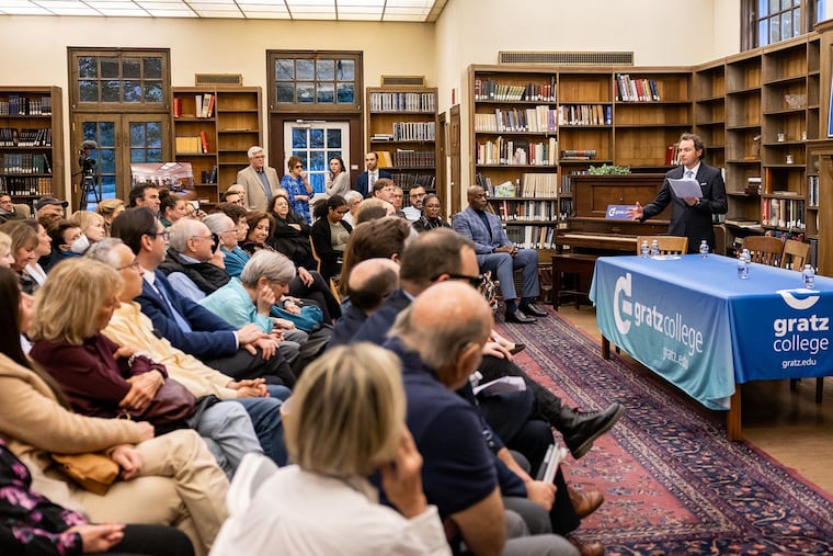 Ayal Feinberg, director of the Center for Holocaust Studies and Human Rights at Gratz and an associate professor of political science and antisemitism studies at Gratz College, talks to campus community members about the launch of the doctoral program in antisemitism studies.