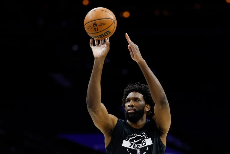 Sixers center Joel Embiid shoots the basketball during pre-game warm-ups before the Sixers play the Atlanta Hawks on Sunday, November 30, 2025 in Philadelphia.