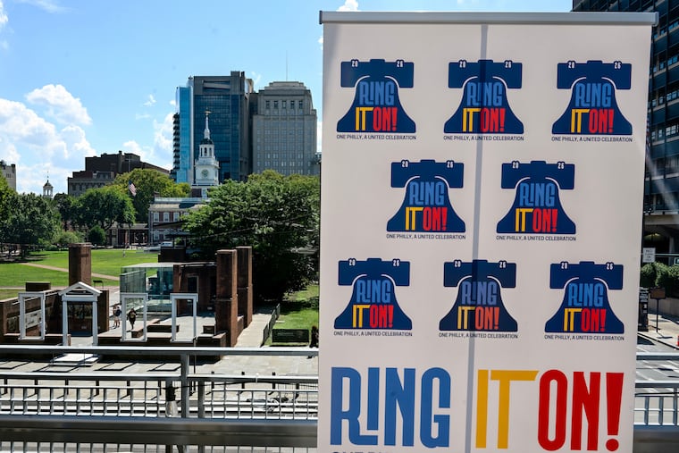 A banner for “Ring it On!" - an initiative aiming to bring celebrations for America's 250th to Philly neighborhoods - hangs at Independence Visitor Center Sept. 3, 2025.