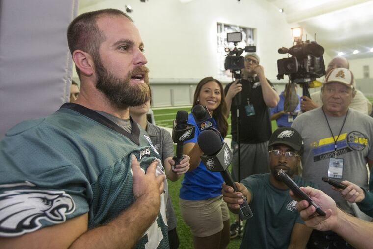Jon Dorenbos talks to reporters outside an Eagles practice in 2016.