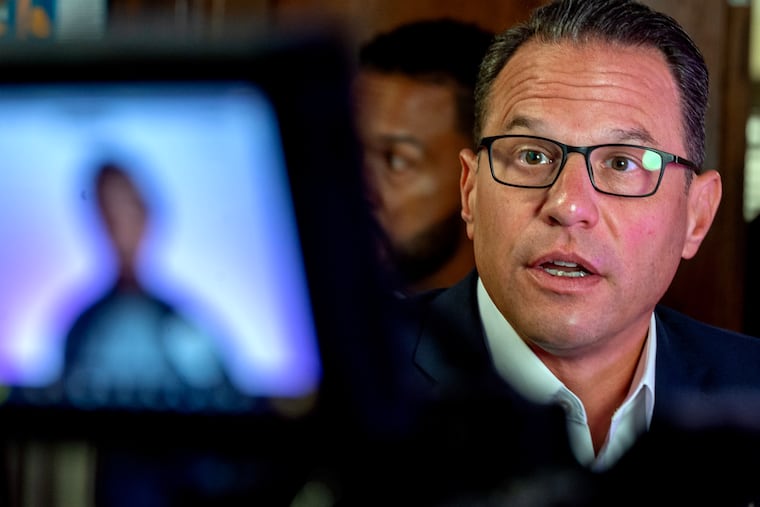 Gov. Josh Shapiro talks with video filmmaking students during a visit to Murrell Dobbins Career & Technical Education High School in Philadelphia on Tuesday, Sept. 2, 2025.