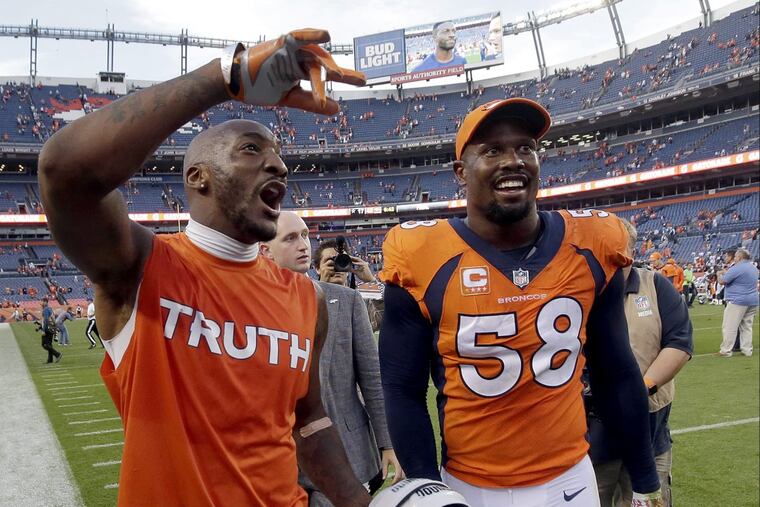 Von Miller (58) and Aqib Talib are key members of the stout Broncos defense.