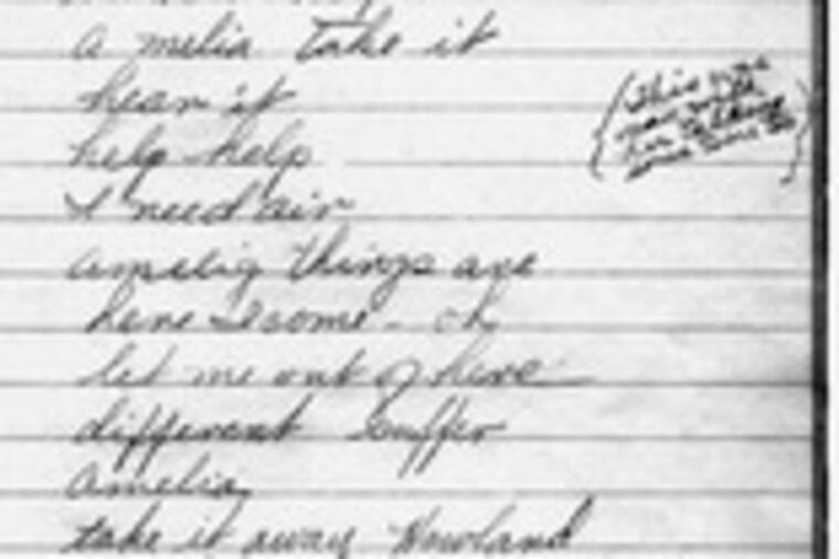 A page from the notebook in which Betty Klenck, 15, recorded words from distress calls she heard - from Earhart, she believes.