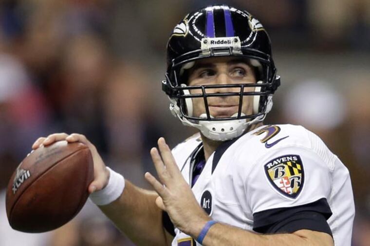 Ravens quarterback Joe Flacco (5) looks to throw a pass during the first half of the NFL Super Bowl XLVII football game against the San Francisco 49ers Sunday, Feb. 3, 2013, in New Orleans. (Evan Vucci/AP file)