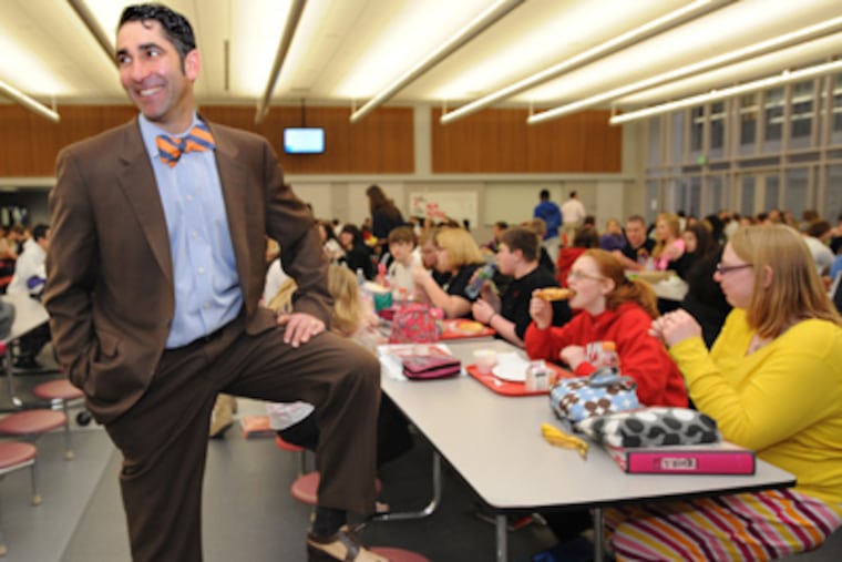 At Souderton Area High School, principal Samuel Varano joins students in the cafeteria. (April Saul / Staff Photographer)