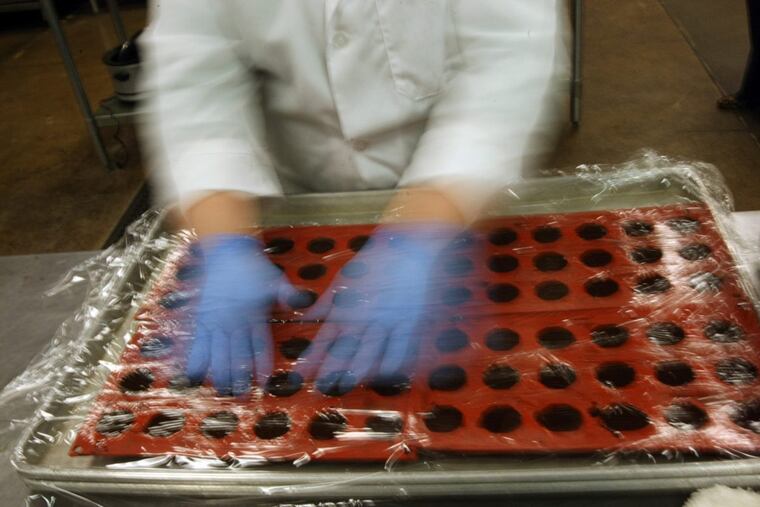 Chef Lexi Yurkovsky covers her latest batch of marijuana-infused chocolate truffles with a plastic wrap in the kitchen of Dixie Elixirs & Edibles in Denver.