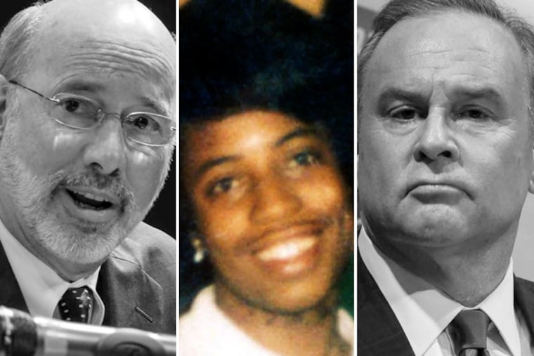 Rob McCord (right) has used the York murder of Lillie Belle Allen (center) to cast doubt on Tom Wolf's (left) judgment due to his link with a defendant in the case.