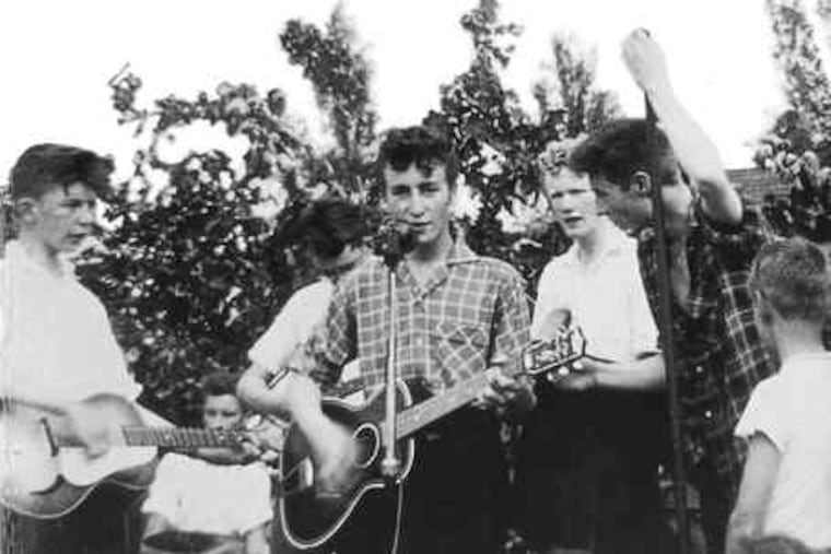 ABOVE: The 1957 Quarrymen, with John Lennon at microphone, flanked by (from left) Eric Griffiths, Colin Hanton (at drums), Rod David, Pete Shotton, Len Garry. RIGHT: Quarrymen this year in Liverpool: (from left) Colin Hanton, Rod Davis, Len Garry.
