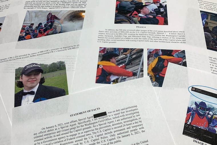 The Statement of Facts supporting the arrest warrant for Matthew Ryan Miller, of Cooksville, Md., on charges stemming from the Jan. 6, 2021, riot at the U.S. Capitol, is photographed on Wednesday.