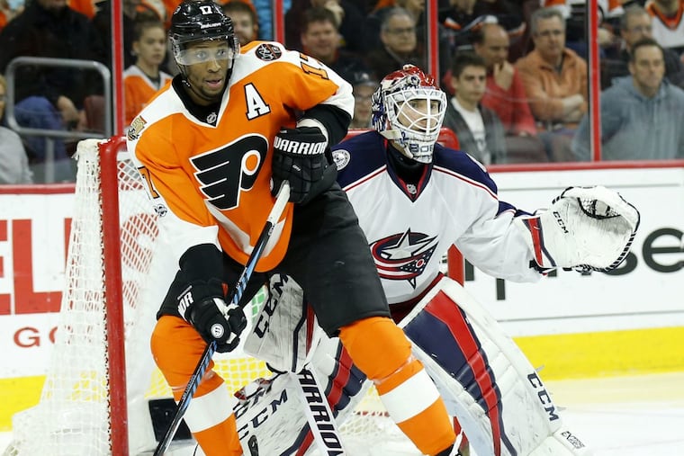 Flyers' right wing Wayne Simmonds skates in front of Columbus Blue Jackets' goalie Sergei Bobrovsky on Saturday, April 8, 2017 in Philadelphia.