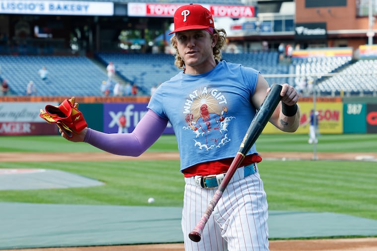 Phillies center fielder Harrison Bader during batting practice wearing the “What A Gift” shirt before the Phillies play the Kansas City Royals on Saturday.