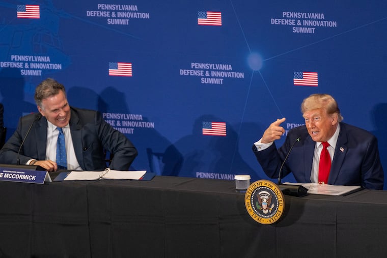 President Donald Trump appears at a Defense and Innovation Summit hosted by U.S. Sen. Dave McCormick (left) at the U.S. Army War College in Carlisle Wednesday, July 15, 2026.