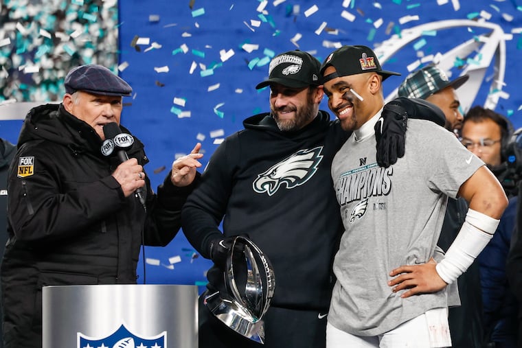 Nick Sirianni and Jalen Hurts embrace after advancing to the Super Bowl earlier this year.