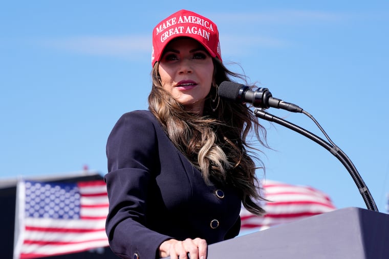 FILE - South Dakota Gov. Kristi Noem speaks prior to remarks from Republican presidential candidate and former President Donald Trump at a campaign rally, March 16, 2024, in Vandalia, Ohio. (AP Photo/Jeff Dean, File)
